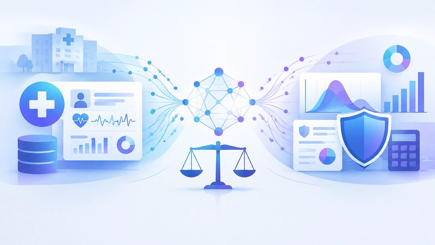Healthcare analytics dashboards on one side and actuarial risk charts on the other, connected by a neural network and balanced on a set of scales