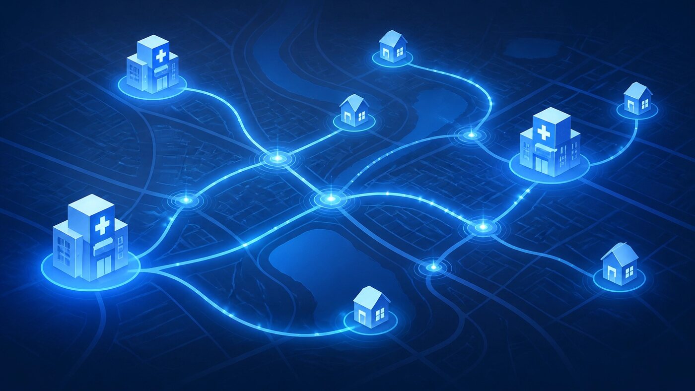 Healthcare facilities and patient homes connected across a digital city map