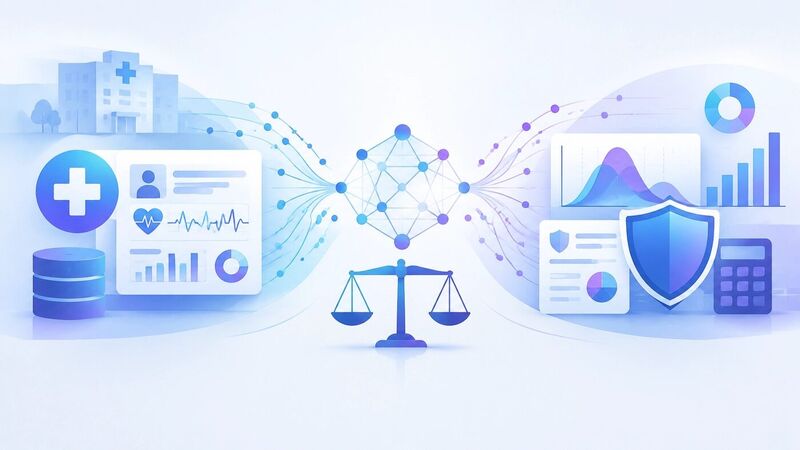 Healthcare analytics dashboards on one side and actuarial risk charts on the other, balanced on a set of scales