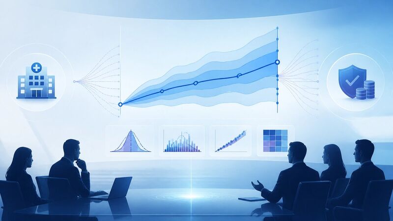 Abstract executive analytics dashboard showing forecast ranges and probability bands