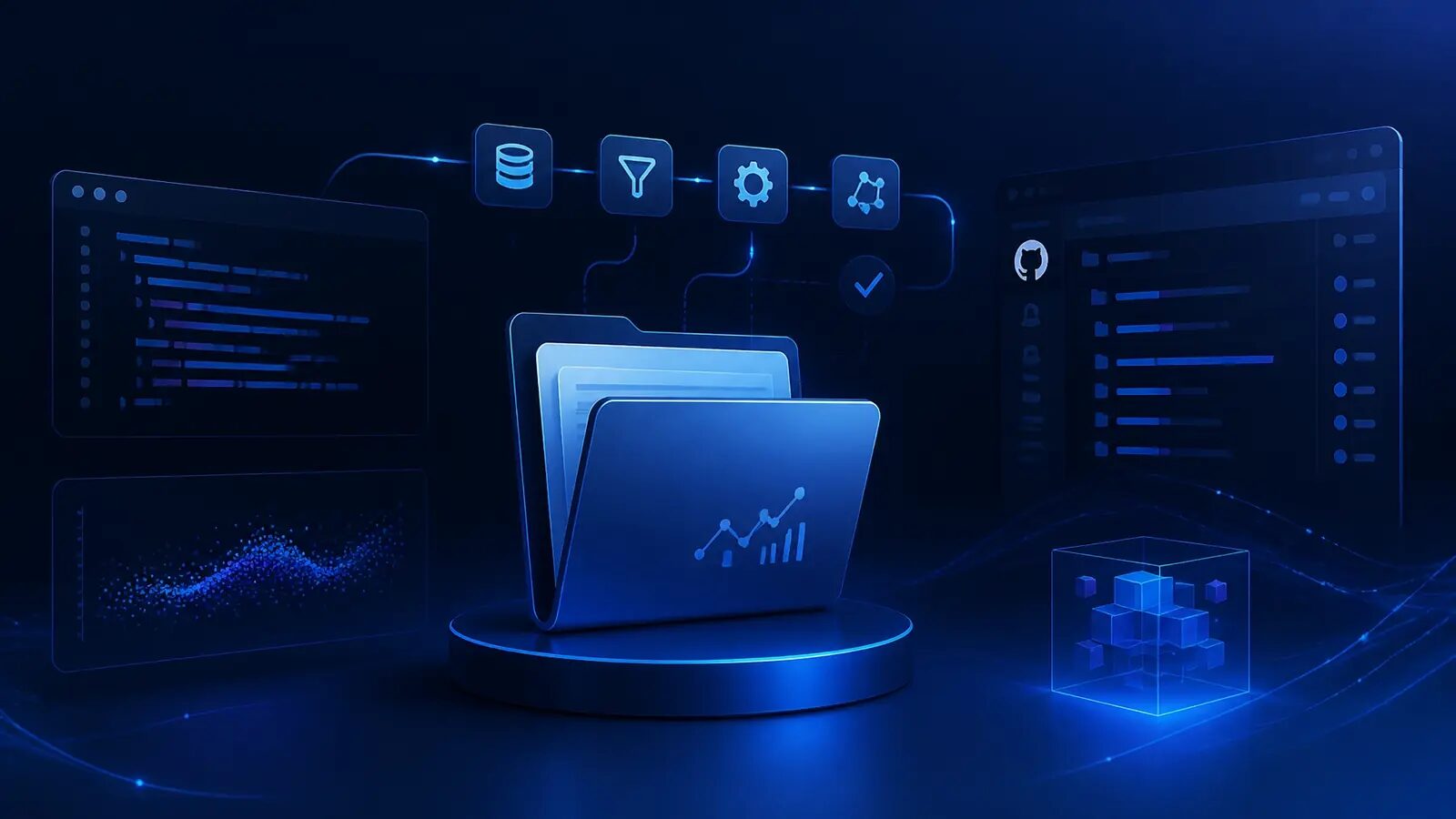 A professional, minimalistic digital art representation of a data science portfolio in cool blue tones, featuring abstract data pipelines and code structures.