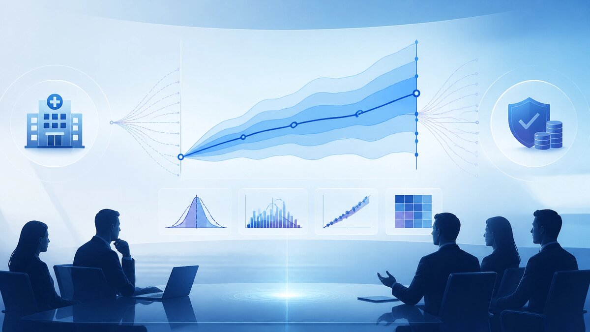 Abstract executive analytics dashboard showing forecast ranges, healthcare and financial risk indicators, and probability bands