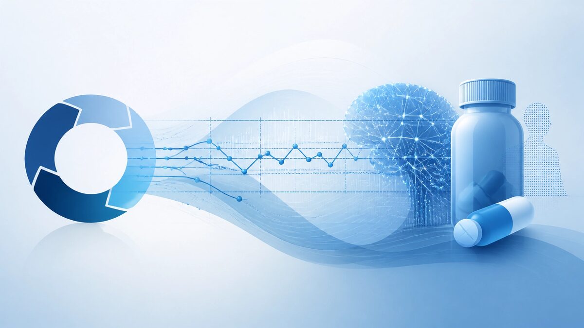 Abstract data flows and statistical control charts blending into machine learning neural networks in cool blue tones